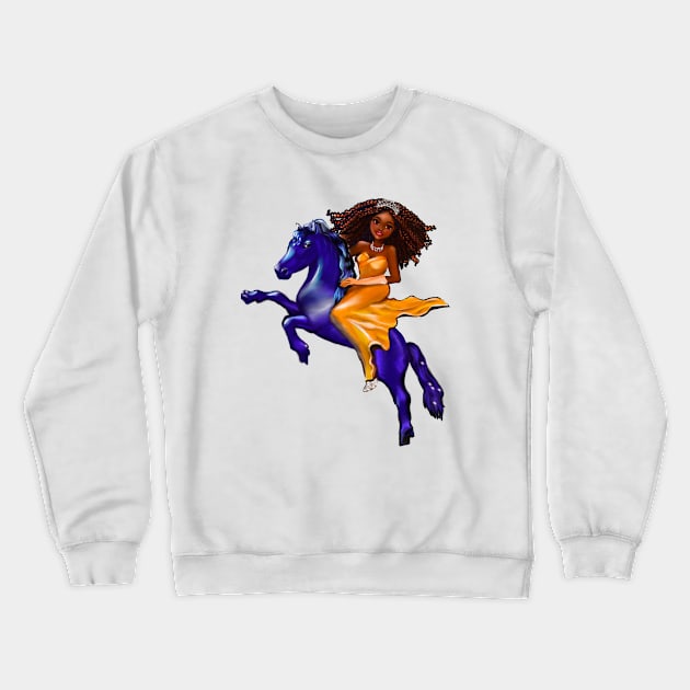 Black woman anime princess on horse ! black girl with Afro hair in braids Black Queen with dark brown skin Crewneck Sweatshirt by Artonmytee